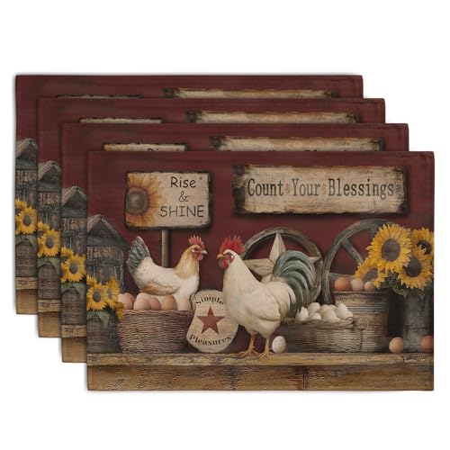 Farmhouse Rooster Placemats Set of 4 Farm Animal Chicken Place Mats 12x18 Inch Vintage Rustic Country Linen Table Mat Washable Non