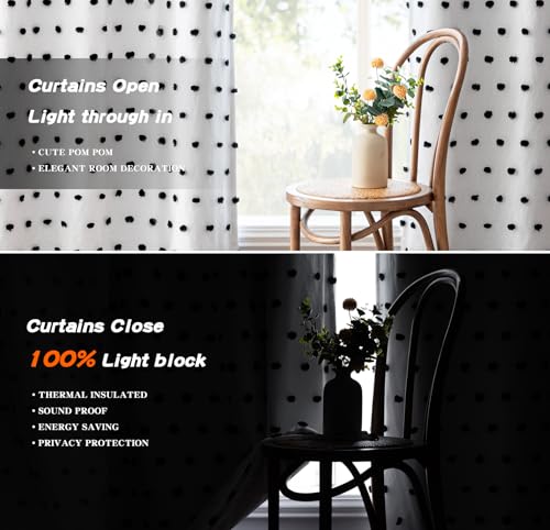 Blackout Curtains for Kids Bedroom 100% Light Block Out Thermal Insulated Curtain 63 Inches Grommet Room Darkening Curtains Privacy Window Drapes with Black Pom Pom Sheer 2 PCS (2 Count)