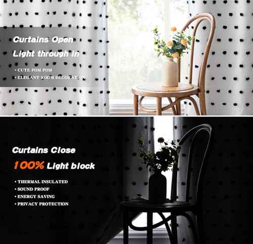 100% Blackout Curtains for Bedroom Total Light Blocking Curtains 95 Inch Extra Long Room Darkening 2 Panels Grommet Sliding Door Privacy Window Drapes with Black Pom Pom Sheer 50" x 95" (2 Count)