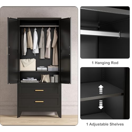 71'' Farmhouse Metal Wardrobe Cabinet with Hanging Rod