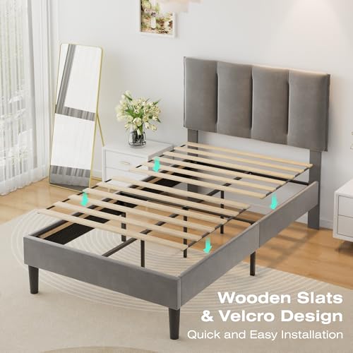 Twin Size Bed Frame with Upholstered Headboard