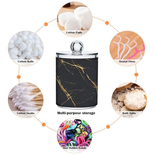 2 Pack Qtip Holder Organizer Dispenser Gold Black Marble Texture Bathroom Storage Canister Cotton Ball Holder Container for Cotton Pads (2 Count)