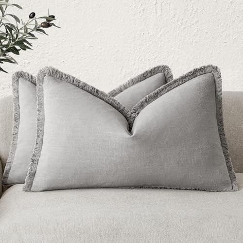 Boho Linen Fringe Lumbar Throw Pillow Covers 12×24 Light Gray (2 Count)