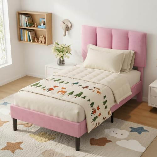 Twin Size Bed Frame with Upholstered Headboard