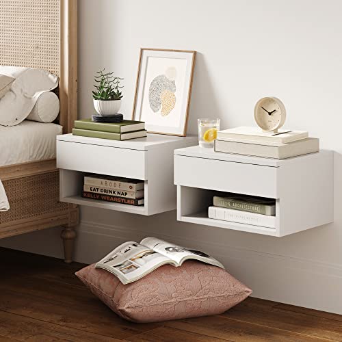 Jackson Wall Mounted Floating Bedroom Nightstand with Storage Drawer and Modern Open Shelf Cubby Set of 2