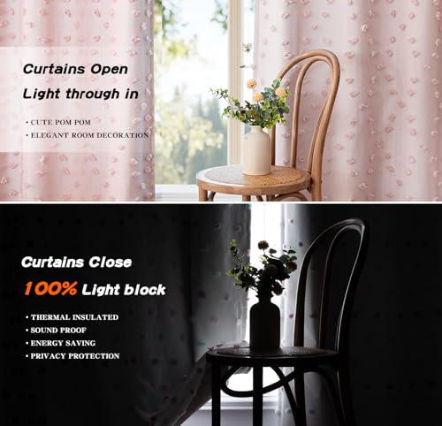 Blush Pink Pom Pom Blackout Curtains for Girls Bedroom 63 Inch Long 100% Room Darkening Curtain for Kids Room 2 Panels Small Window Treatment Grommet 2 Layered Drapes Toddler 50W x 63L (2 Count)