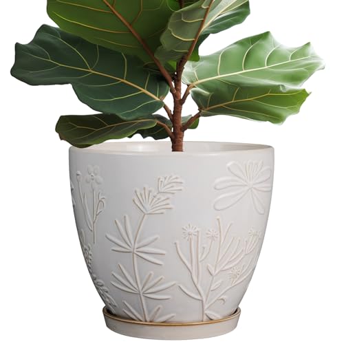 10 Inch Plant Pot Ceramic Planter Pot with Drainage Hole and Saucer Round Planter Large Flower Pot for Indoor Outdoor Plants Home Garden Decor White