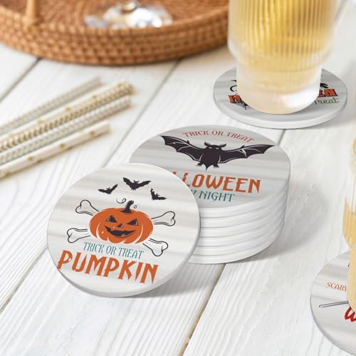 6 PCS Halloween Coasters with Metal Holder and Cork Base Ceramic Drink Coasters Absorbent Cup Mat Non