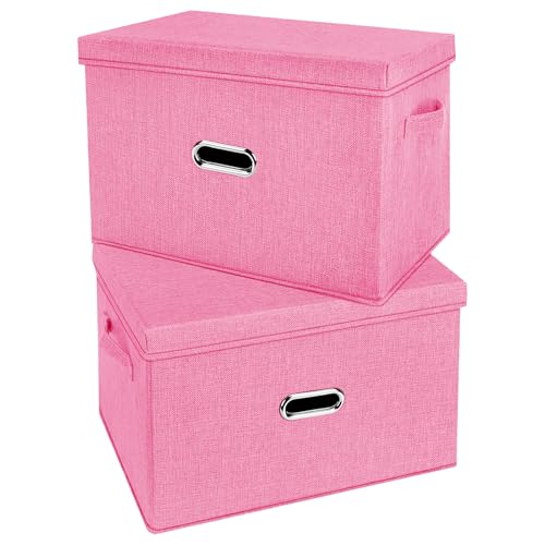 Large Linen Fabric Foldable Storage Bins with Removable Lid and Handles (2 Count)