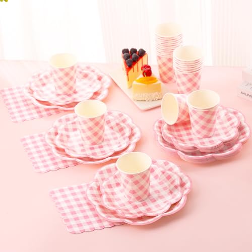 175 Pcs Pink Gingham Plates and Napkins Party Supplies