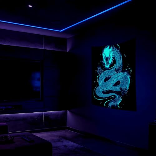 Blacklight Dragon Tapestry Wall Hanging Glow in the Dark Cool Japanese Dragon Backdrop Black Light UV Tapestry for Teen Boys Bedroom Mens Room Wall Decor 59.1" L x 59.1" W