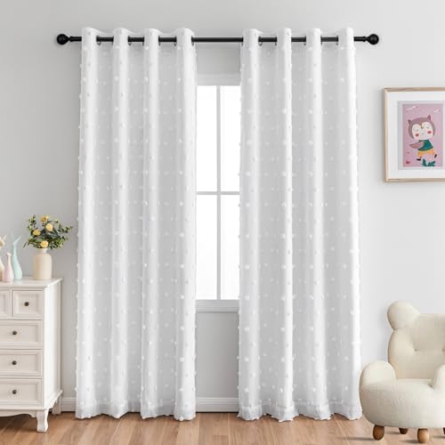 100% White Blackout Curtains for Girls Bedroom 90 Inch Long Total Light Blocking Curtains for Living Room 2 Panels Room Darkening Grommet Window Drapes with White Pom Pom Sheer 50W x 90L (50 Count)