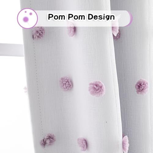 100% Blackout Curtains for Girls Bedroom 54 Inch Long Purple Pom Pom Full Blackout Curtains for Kids Room 2 Panels Room Darkening Small Window Treatment Grommet 2 Layered Drapes 50"W x 54"L (2 Count)