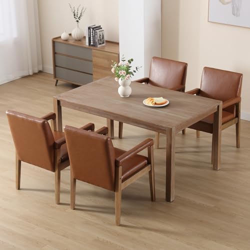 Modern Dining Chairs Set of 4 Faux Leather Kitchen Arm Chairs Upholstered Accent Chairs with Wooden Legs for Dining Room