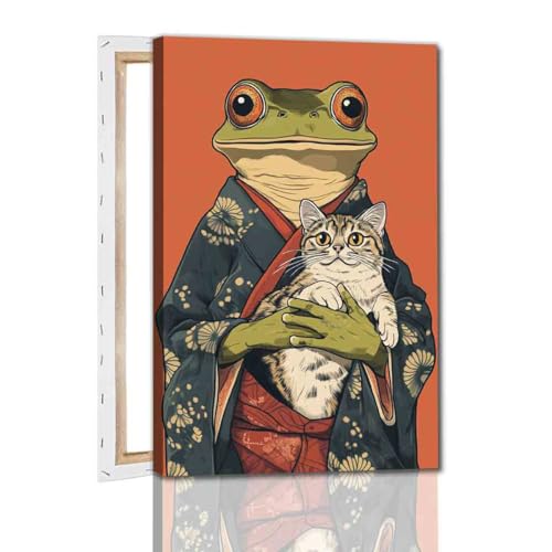 Japanese Frog Wall Art Funny Frog Posters Cute Cat Poster Japanese Cat Poster Funny Animal Wall Art Retro Animal Prints Whimsical Prints Aesthetics Vintage Abstract Painting Decor 16x24inch Framed