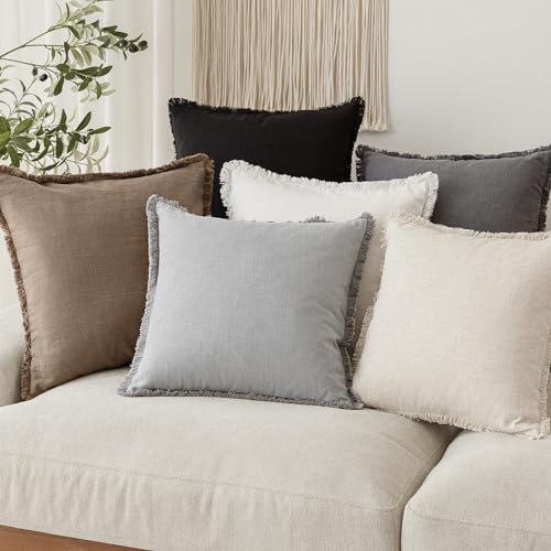 Decorative Linen Fringe Throw Pillow Covers 22×22 Light Gray (2 Count)