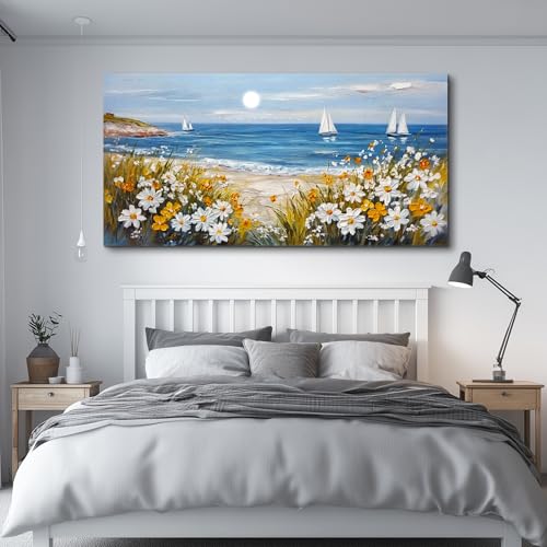 Large Vintage Landscape Painting Home Decor Blue Ocean Beach Painting Living Room Decorative Wall Art Modern Print Canvas White Flowers Farmhouse Office Bedroom Wall Decor 30 X 60 Inches