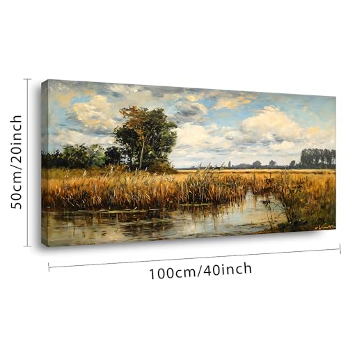 Beautiful Wilderness Meadow Canvas Wall Art Oil Painting Reproduction Print Vintage Wildflower Field Scenery Countryside Landscape Tree Rustic Retro Decor Artwork for Country Farmhouse Bedroom 20x40 Inches
