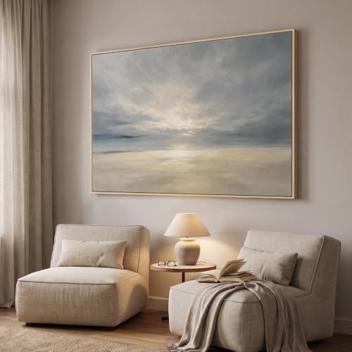 Extra Large Framed Beige Blue Coastal Abstract Wall Art