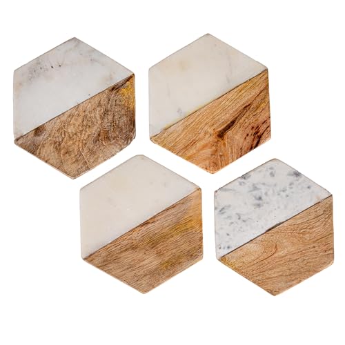 4 Piece Marble and Mango Wood Hexagon Coasters (4 Count)