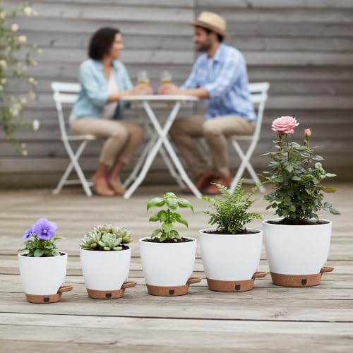 5-Pack Self-Watering Planters with Wick & Reservoir (5/5.5/6/6.5/7 Inch) – Plastic Indoor Pots with Drainage, Modern White Flower Pot for Violet, Herb (5 Count)