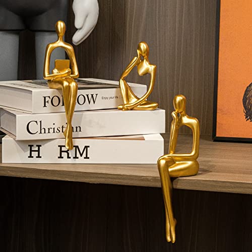 Abstract Gold Reading Thinker Statues for Book Shelf Office (3 Count)
