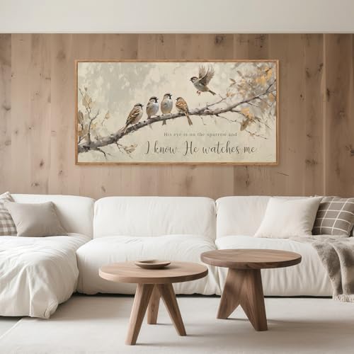 His Eye Is On The Sparrow Framed Canvas Wall Art 40x20 Inch