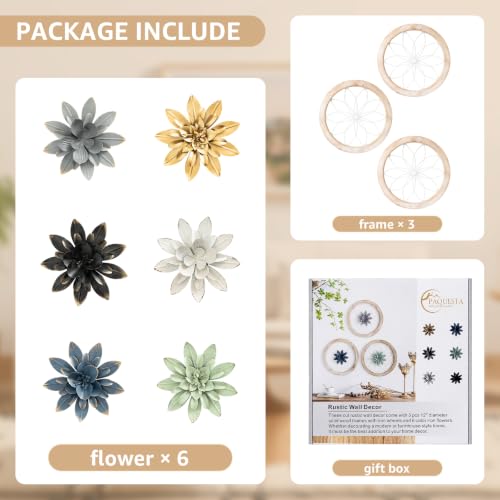3 Piece Round Farmhouse Wall Decor with 6 Piece Interchangeable Flowers 12'' Medallion Wood & Metal Rustic Wall Art for Living Room Bedroom Kitchen Bathroom Dining Room Home Decorations (3 Count)