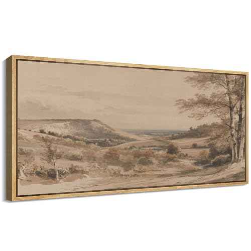Extra Large Framed Canvas Print Wall Art Vintage Neutral Tone Countryside Landscape Retro Fine Art Illustrations Decorative Colorful for Bedroom
