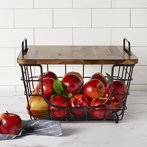 Madam Metal Stacking Nesting Rectangular Basket with Acacia Wood Lid