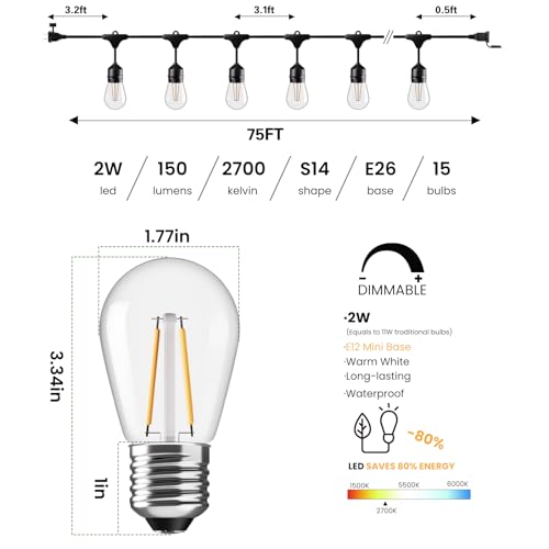 75 FT Outdoor String Lights 2W S14 LED Commercial Grade Waterproof (75 Foot)