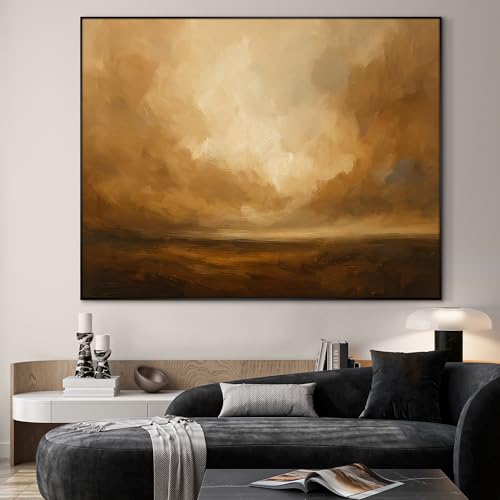 46"x60" Extra Large Framed Wall Art Golden Horizon Abstract Landscape Warm Brown and Amber Sky Illustration for Home Living Room Bedroom Decor