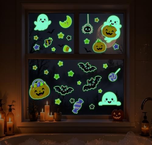 Glow in the Dark Halloween Window Stickers Luminous Ghost Witch Hat Pumpkin Candy Window Decals for Halloween Party Supplies Home Glass Decorations