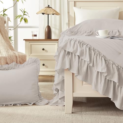 Linen Grey Ruffle Comforter Set Queen Size