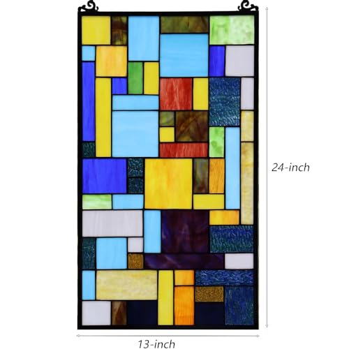 Geometric Color Block Tiffany Style Stained Glass Window Panel with Hanging Chain