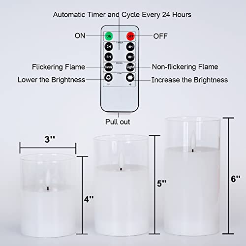 White Glass Flameless LED Candles Battery Operated with Remote Timer (3 Count)