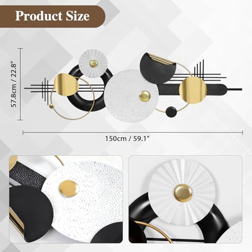 Lucky Large Modern Abstract Metal Wall Art Decor 59.1" x 21.3" Modern Geometric Abstract Wall Sculptures Circle Hanging Wall Decor for Indoor Outdoor Living Room Dinning Room Bedroom Entryway