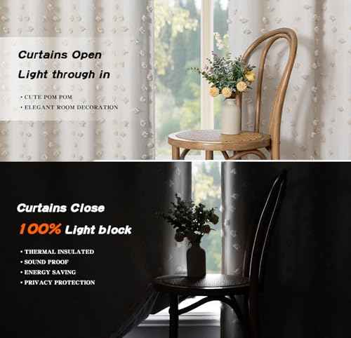 100% Blackout Curtains for Girls Bedroom 95 Inch Long Total Room Darkening Curtain for Living Room 2 Panels Grommet Light Blocking Sliding Door Drapes Beige Pom Pom Sheer 50 x 95 Inch (2 Count)