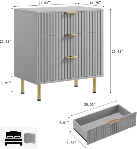 Fluted Grey 3 Drawer Dresser for Bedroom with Deep Drawers