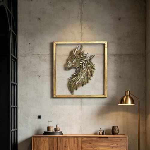 Gold Dragon Head Wall Decor with Metal Frame