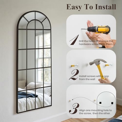 Arched Windowpane Mirror Full Length 65"x24" Wall Mounted Black Art Pane Farmhouse Decorative Floor Mirror Leaning Hanging Wall Mirror for Bedroom Living Room Entrance