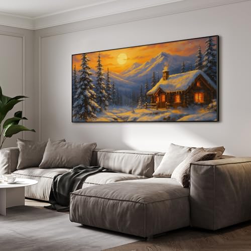 36"x72" Extra Large Framed Wall Art Cozy Cabin in Snowy Mountain Landscape at Sunset for Home Living Room Bedroom Decor