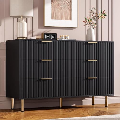 47.2" Fluted Black 6 Drawer Dresser for Bedroom with Deep Drawer