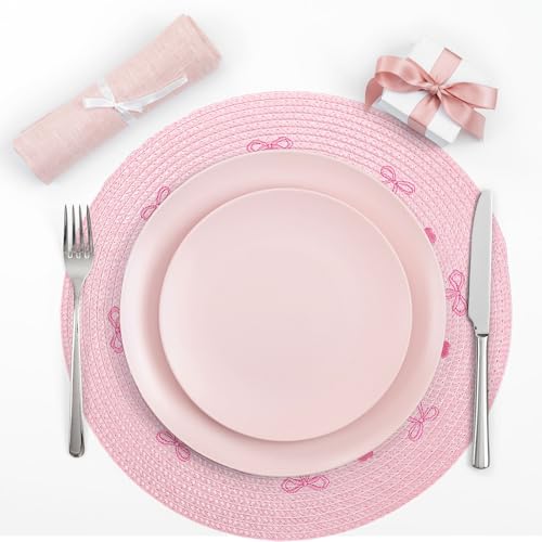 4 Pcs Pink Bow Embroidered Placemats Round Place Mats Coquette Bow Dinner Table Mats for Home Wedding Baby Shower Birthday Party Decor (4 Count)