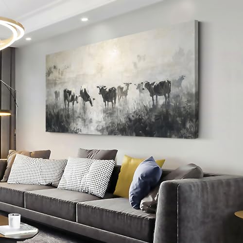 Black and White Cow Wall Art for Living Room Ink Wash Canvas Painting Prints Morning Cattle Vintage Country Farmhouse Artwork Bedroom Office Decor