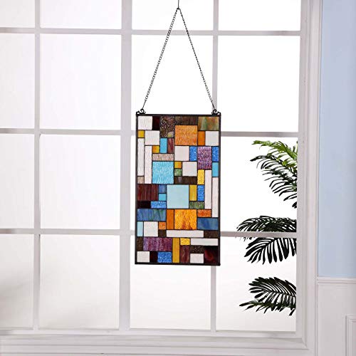Geometric Color Block Tiffany Style Stained Glass Window Panel with Hanging Chain