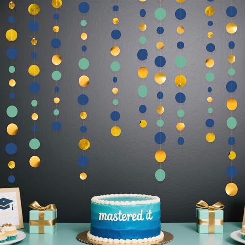 Blue Gold Green Decorations Circle Dots Garland Metallic Gold Navy Blue with Sage Green Hanging Polka Dot Streamer for Birthday Bridal Shower Wedding Bachelorette Engagement Party Supplies
