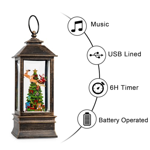 10'' Musical Snow Globe Lantern Lighted Christmas Tree and Flying Santa Water Lantern Swirling Glittering Home Decoration and Gift