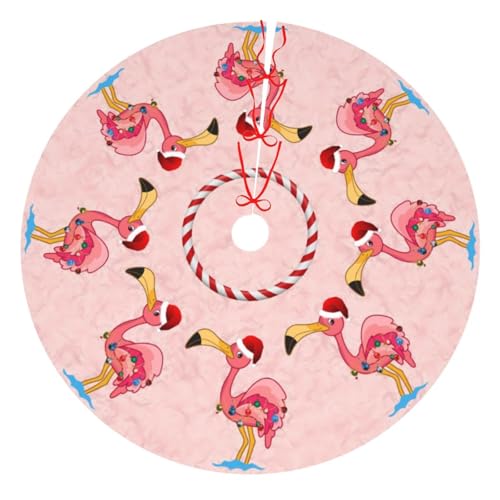 48" Pink Flamingo Pattern Christmas Tree Skirt Large Tree Mat Base Cover for Xmas Festive Holiday Party Decoration Ornaments