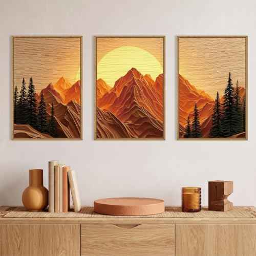 Large Boho Golden Mountain Framed Canvas Wall Art Set